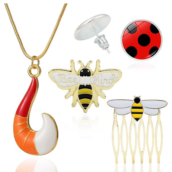 4-Teiliges Schmuckset, Bienen-Seitenhaarkamm, Bienenbrosche, Marienkäfer-Ohrringe, Fuchsschwanz-Halskette, Märchen-Cosplay-Schmuckzubehör Für Mädchen