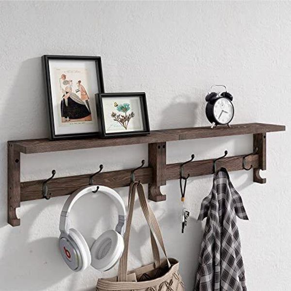 VERTORGAN Coat Hooks, Wood Rack Wall-Mounted, 31.5 Inch Entryway Shelf with 10