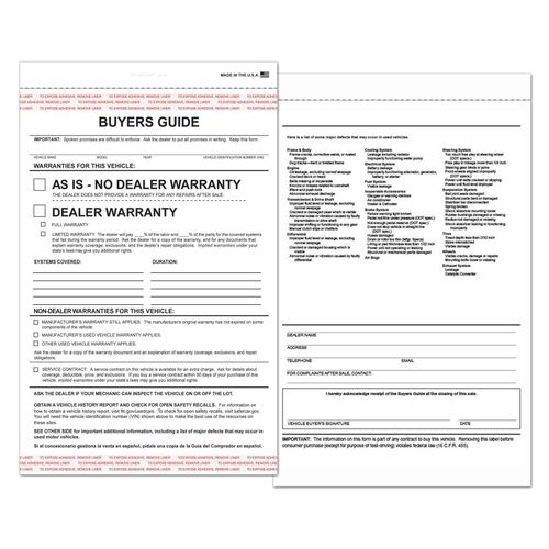 2024 As-is/Dealer Warranty 2-Part Buyers Guide with Adhesive Tape (Box of 100) (Storage Box Included)