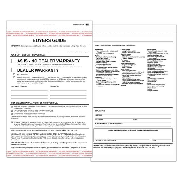 2024 As-is/Dealer Warranty 2-Part Buyers Guide with Adhesive Tape (Box of 100) (Storage Box Included)