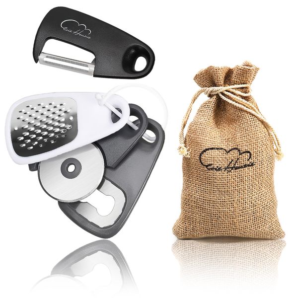 5 Pieces Kitchen Gadgets Set - Space Saving Kitchen Accessories Cheese Chocolate Grater, Fruit Vegetable Peeler, Bottle Opener, Pizza Cutter, Burlap Bags with Drawstring Gift Set……