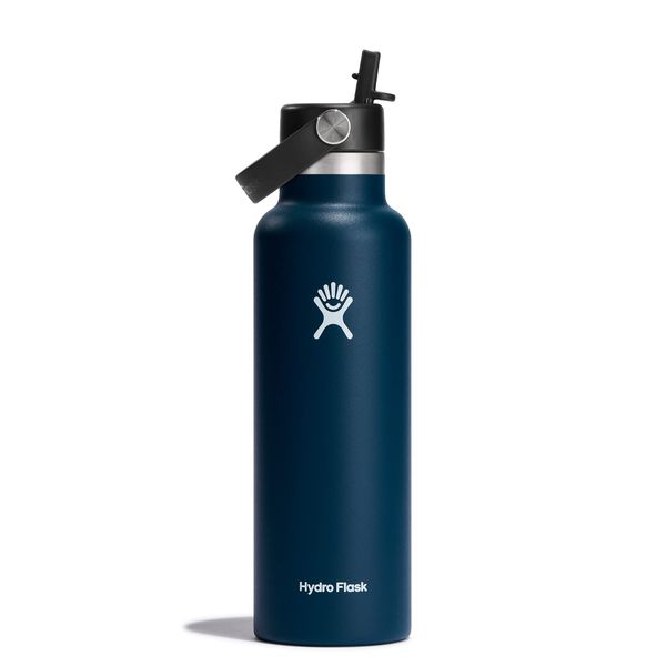 HYDRO FLASK - Water Bottle 621 ml (21 oz) with Flex Straw Cap - Vacuum Insulated Stainless Steel Reusable Water Bottle - Leakproof Lid - Hot and Cold Drinks - Standard Mouth - BPA-Free - Indigo