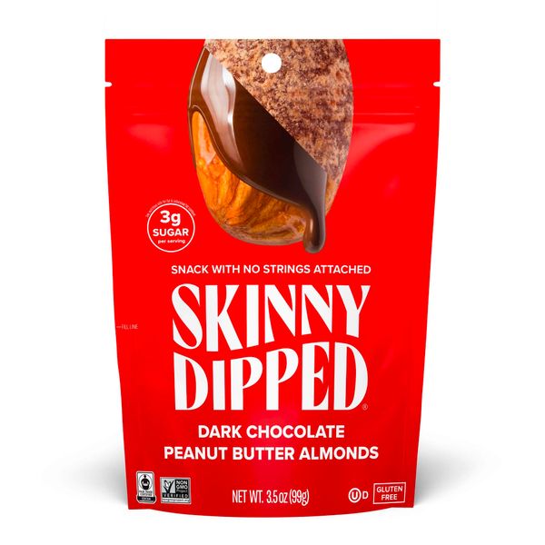 SkinnyDipped Dark Chocolate Peanut Butter Almonds, Healthy Snack, Plant Protein, Gluten Free, 3.5 oz Resealable Bags, Pack of 1