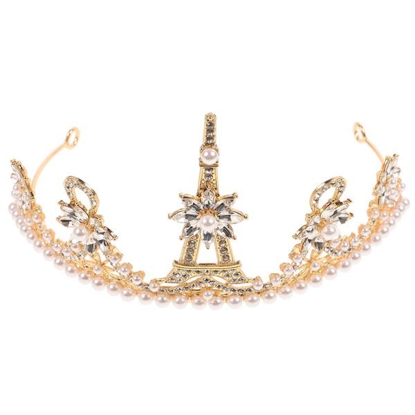 Lurrose Pearl Golden Eiffel Tower Vintage Tiaras Queen Bridal Crowns for Brides Party Wedding Golden Bridal Crowns