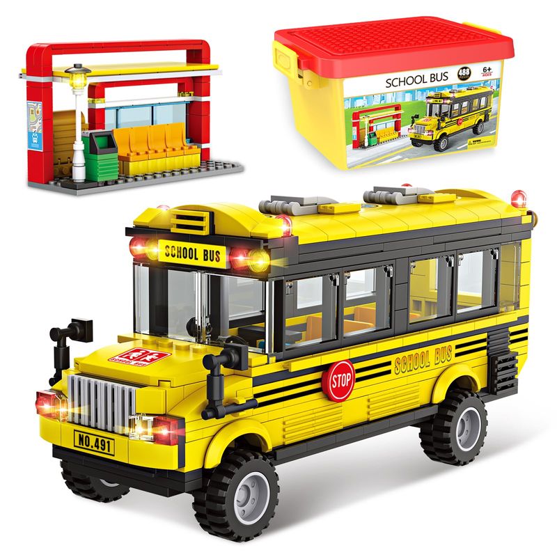 School Bus Building Blocks Set, City School Day Bus Construction ...