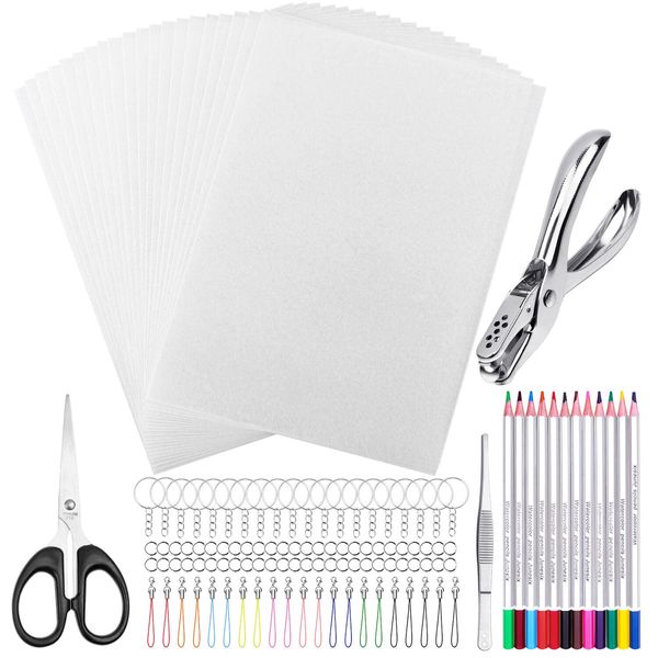 shynek Heat Shrink Plastic Sheets Keychain Kit, 125Pcs Shrink Art Kit Including 20 Pcs Shrink Paper Sheets, Hole Punch, Pencils, Keychains, Tweezers, Scissors for Crafts and Keychains