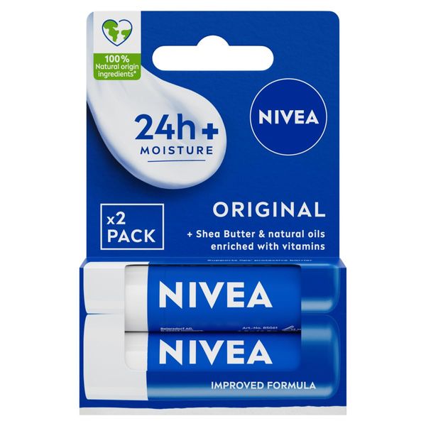 NIVEA Original Care Duo Pack Lip Balm (2x 4.8g), Lip Moisturiser Deeply Hydrates for 24h+, 100% Natural Origin Ingredients, Shea Butter, and Vitamins, Lip Care