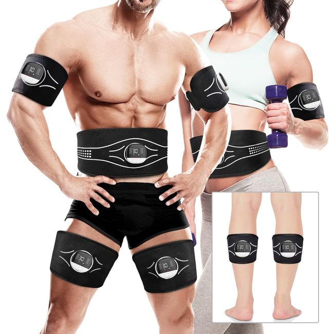 Jenylu ABS Trainer Muscle Stimulator - 5 Pcs Aluminum Sheet EMS Muscle Stimulator with 10 Modes & 30 Intensities, Calories Consumption Display and Charging Reminder, for Abdominal/Arm/Leg Training