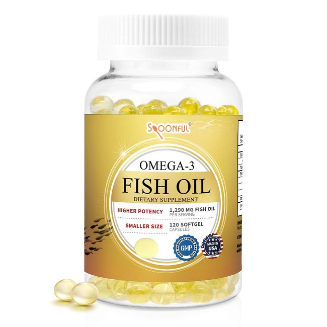 Spoonful Mini Omega 3 Fish Oil, 1290 mg Per Serving, 120 Softgels Pearls, Small Size Easy to Swallow Capsules for Women and Seniors, Made in USA