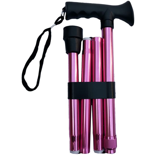 Deluxe 4-Part Folding Adjustable Aluminium Metallic Compact Walking Stick Cane for Men, Ladies and Women with Soft Grip Gel Handle – 33.5” – 37.5” (Pink)