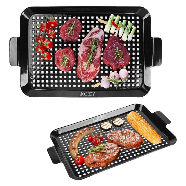 2PCS Grill Topper Pans ACETOP Nonstick Barbecue Grilling Baskets Outdoor Indoor Stainless Steel Grill Tray Accessories with Perforated Bottom for Cooking Chicken Drumsticks Vegetable Shrimp Meat Gifts