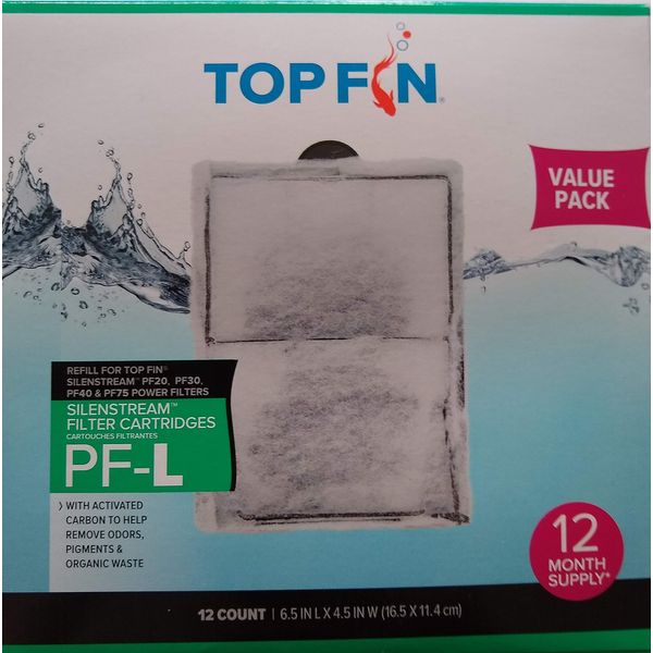 Top Fin Silenstream PF-L Refill for PF20, PF30, PF40 and PF75 Power Filters 6.5in x 4.5- (12 Count) 1 Year Supply