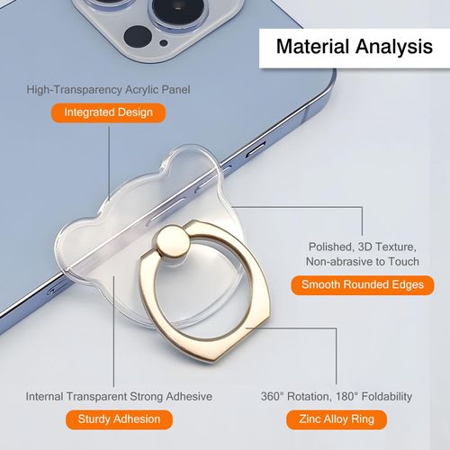 [2 Pack] Transparent Finger Ring Cell Phone Ring Holder Stand,360 Degree Rotation and 180 Degree Adjustable Finger Ring Kickstand with Polished Electroplated Phone Grip-Bear