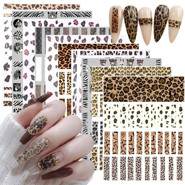 10 Sheets Leopard Print Nail Art Stickers 3D Self-Adhesive Nail Decals Holographic Leopard Line French Animal Nail Sticker for Women Girls DIY Manicure Tips Nail Charms Nail Art Decoration Supplies