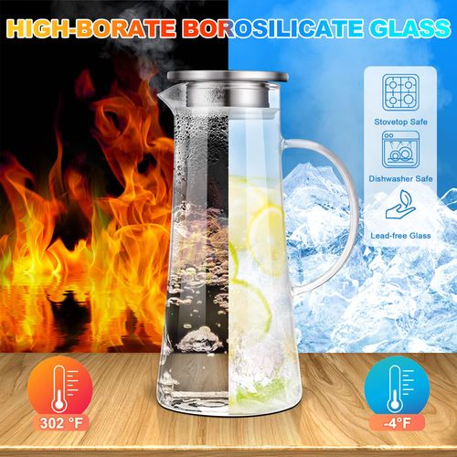 SUSTEAS 1.5 Litre Glass Jug with Lid, Easy Clean Water Carafe, Heat Resistant Borosilicate Jug for Homemade Beverages, Iced Tea, 1 Long-Handled Brush Included