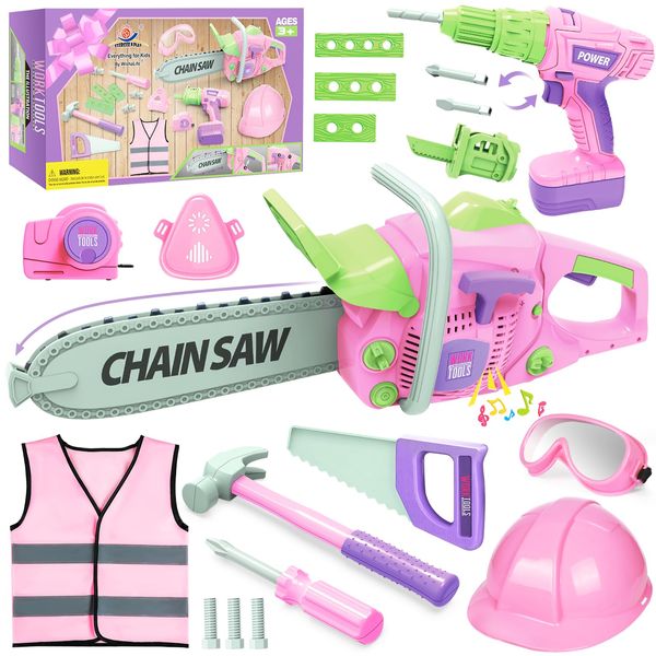 WishaLife Kids Tool Set for Girls - Toddler Tool Set with Toy Chainsaw, Drill, Pretend Play Construction Tools Toy Gift for Kids Age 3 4 5 6 7