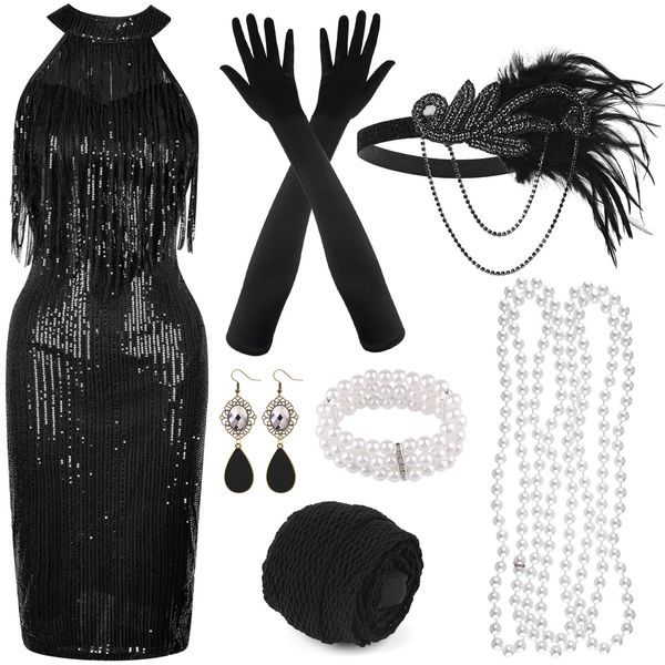 PLULON 1920s Sequin Beaded Fringed Dress with Roaring 20s Accessories Set V Neck Gatsby Dress with Feather Headpiece Gloves Necklace Gold Earrings for Women