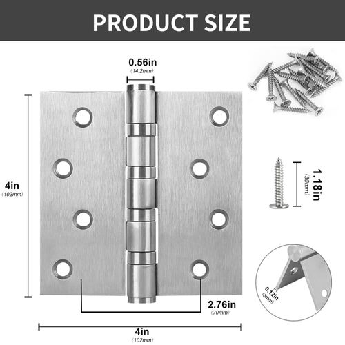 Teqinok 2 Pack Ball Bearing Door Hinge Stainless Steel Heavy Duty Hinges 4 x 4 inch, Silver Butt Hinge Ball Bearing Hinges Window Hinge Exterior and Interior Door Hinge with Square Include Screws