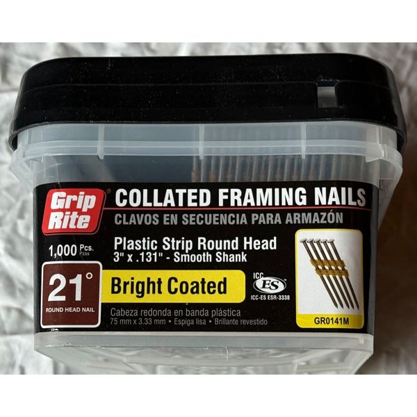 GRIP RITE, Collated Framing Nails. 1000 for Air Tool.