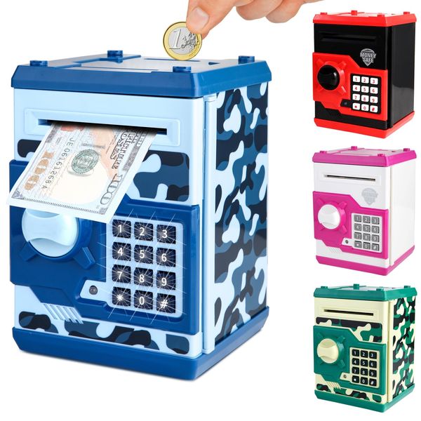 Pup Go ATM Money Box for Girls,Password Code Lock Piggy Bank, Cash Coins Saving Box for Kids Age 3 4 5 6 7, Auto Scroll Paper Money Bank, Perfect Toy Birthday Gifts for Kids(Blue)