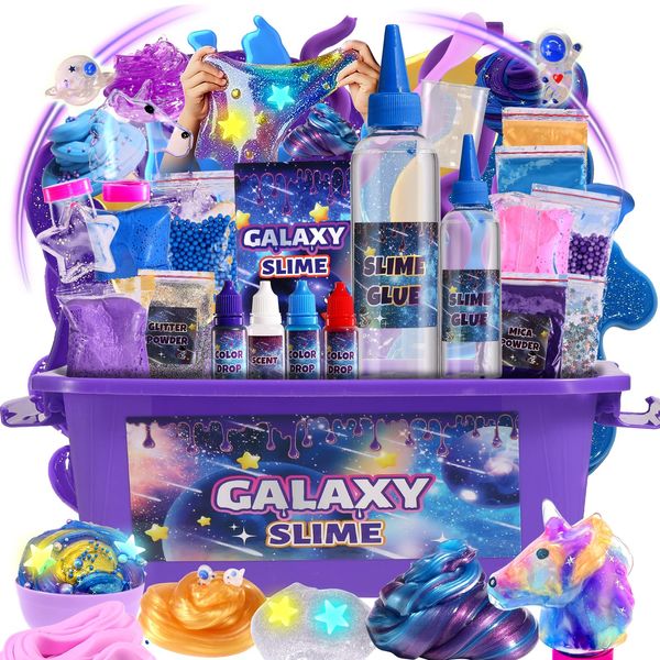 Mini Galaxy Slime Kit, with Glow in The Dark Stickers,Making Butter Slime, Dark Powder to Make Glitter & Galactic Slime, Stress Relief Toys, Party Favors for Kids, for Girls Boys 6 7 8 9 10 11 12