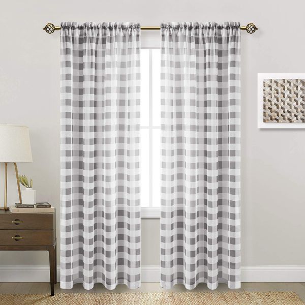 Hiasan Buffalo Plaid Sheer Curtains for Living Room - Faux Linen Voile Checkered Window Curtains for Bedroom and Farmhouse, 52 X 84 Inches Long, Set of 2 Curtain Panels, Black and White