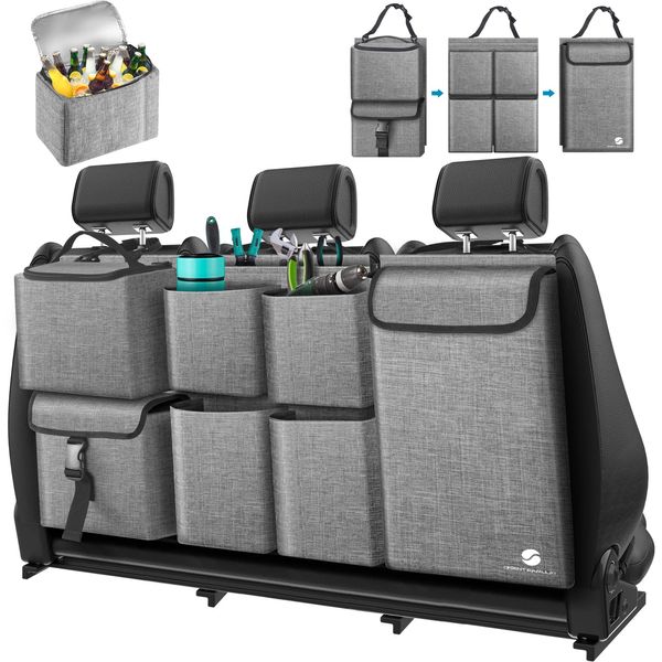 Car Trunk Organizer with Cooler, Hanging Car Organizers and Storage with Large Pockets, Zippers Detachable Seat Back Organizers Storage, Waterproof Car Storage Trunk Organizer for Jeeps, SUVs, Grey