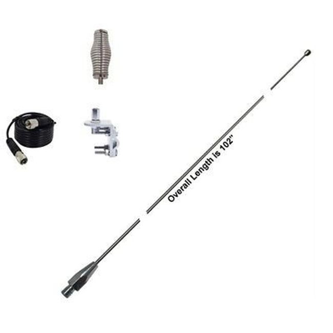 Hustler 102 Inch Whip CB Ham Antenna Stainless Steel - 9ft Coax - Spring & Mount