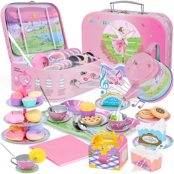 Tea Party Set for Toddles 3-5,53PCS Musical Kids Tea Set for Little Girls with Dessert,Cookies,Doughnut,Cake,Cake Stand,Tablecloth & Carrying Case,Kitchen Pretend Play Toys for Girls Boys Age 3-6