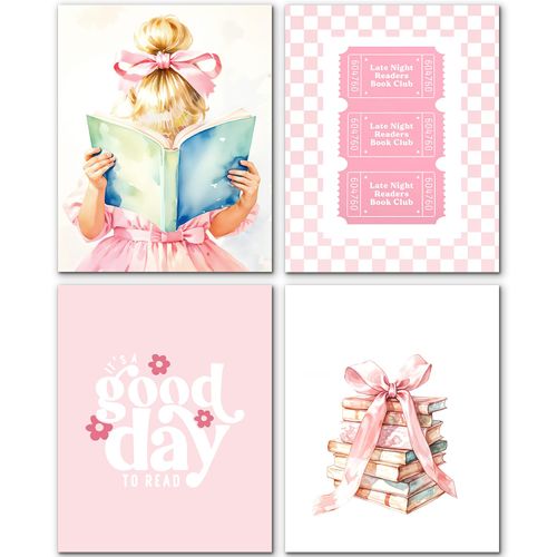 JINYO Coquette Pink Bow Book Wall Art Prints Set of 4, Reading Nook Corner Decor, Preppy Blonde Girl Book Ticket Wall Decor Posters Pictures for Library Reading Room Classroom, 8x10 Unframed