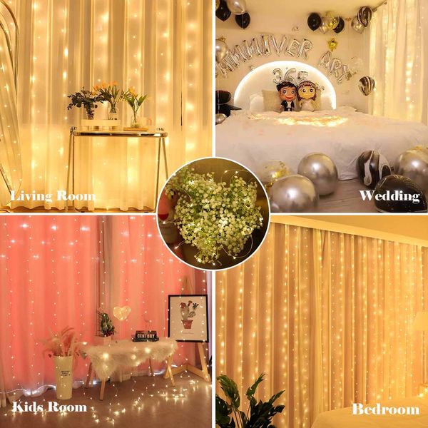 Kimuwote Lichtervorhang innen 3x3m, 300 LED Lichterkette innen, USB LED Lichterkettenvorhang mit 8 Modi,Lichterketten Vorhang für Weihnachten Fenster Wand Zimmer Party Deko Gardine Balkon(warmweiß)