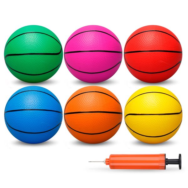 5 Inch PVC Mini Basketball for Indoor Basketball Mini Hoops, Soft 5" Rubber Small Repacement Basketball for Over Door Basketball Hoop Sets, Little Basketballs for Kids Rainbow (6 PCS with Air Pump)