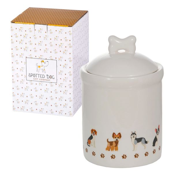 SPOTTED DOG GIFT COMPANY Ceramic Storage Jar with Lid, Cute Kitchen Canister Pet Food Container, Dog Treat Jar, Animal Themed Kitchen Decor Accessories, Gifts for Dog Lovers, Dog Breeds 1L