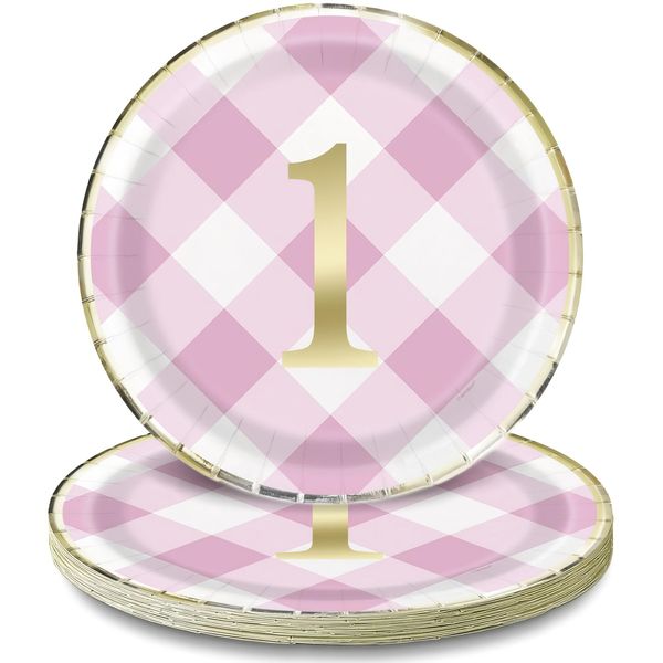 Pappteller - 23 cm - Rosa Gingham 1. Geburtstag - Packung mit 8 Stück