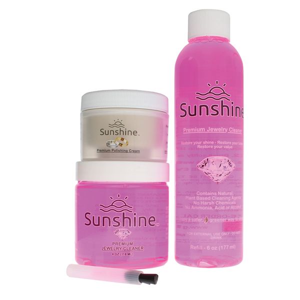 Sunshine Premium Jewelry Cleaner – 4oz Cleaner with Brush, 6oz Refill Bottle and 1.5oz Polishing Cream – Safe to Use on Gemstones, Soft Stones, Precious Metals on All Types of Jewelry