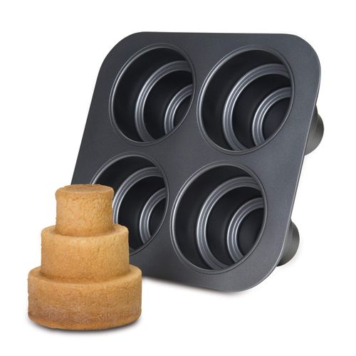 Chicago Metallic Mini Multi-Tier Round Cake Pan, Makes 4 Individual 3-Tier Celebration Cakes, Professional Grade Non-Stick Bakeware for Weddings, Showers, Parties