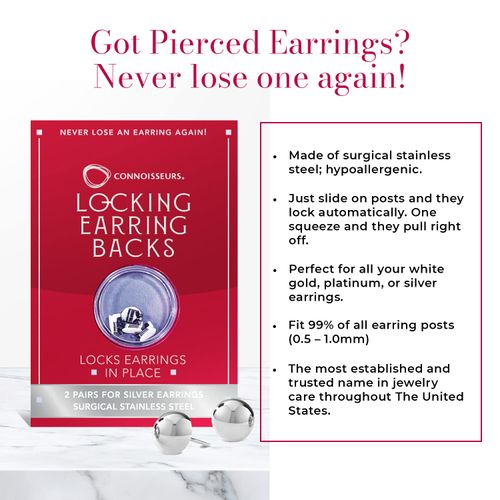 CONNOISSEURS Locking Earring Backs - Hypoallergenic Earring Backs for Studs, Hoops, and More - Never Lose an Earring Again - 2 Pairs -for Silver Earrings