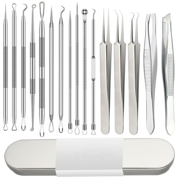 Netpin Tweezers, Tweezers, Precision Tweezers, Set of 16, Face Care Tools, Stainless Steel, Tip Width <0.004 inches (0.1 mm), Comedo Pusher, Acne Removal, Strawberry, Nose Care, Blackhead Removal, Eyebrows, Pores, Blackhead Treatment, Tool Kit, Storage Ca