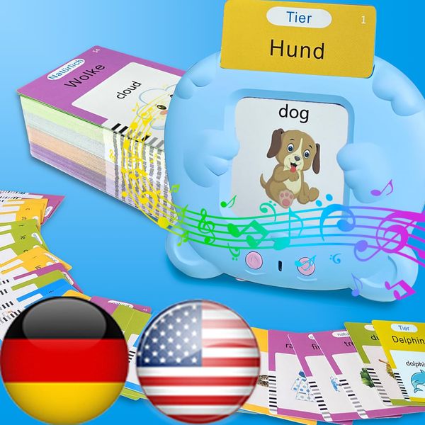 HALCONTORNO Bilingual English German Flash Cards - Talking Flash Cards for Kids, Pocket Speech for Toddlers 3-12, Educational Learning Toys, Audible Gift Play Cards German, Autism Sensory Toys (Blue)