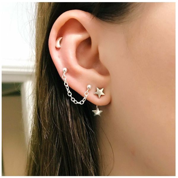 Allereyae Bohemia Moon Star Climber Crawler Earrings Silver Cuff Chain Earrings Star Ear Jacket Earrings Tassel Chain Cartilage Earrings Set for Women and Girls