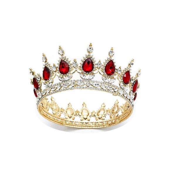 QIDIAN Bride Water Droplets Full Crown Pageant Crowns Princess Tiara Retro Round Crown Bride Hair Accessories (Red)