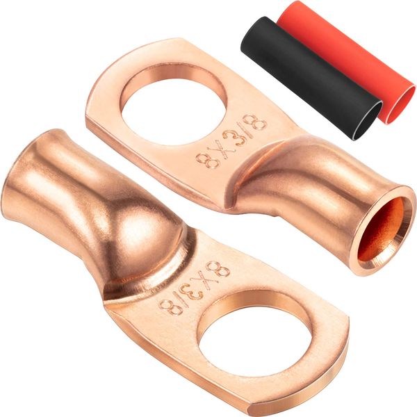 Maxdot 10 Pack UL Copper Wire Lugs 8 Gauge 8 AWG 3/8 Inch Heavy Duty Battery Cable Terminal Connector, Ring Terminal Copper Crimp Lugs Welding Cable Bare Copper Eyelet Lug with Heat Shrink