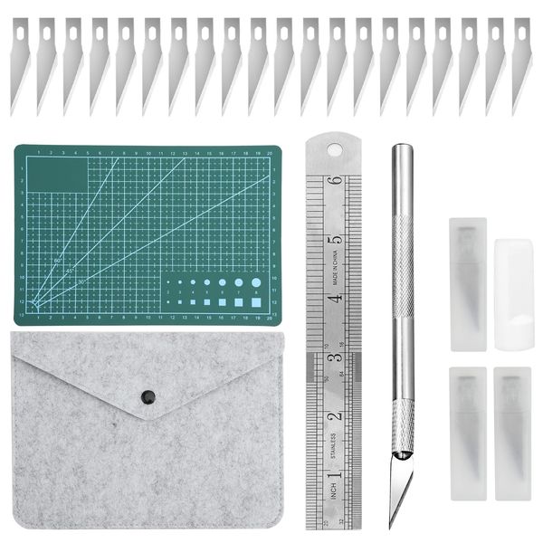 Craft Cutting Tools Knife Set with Storage Bag, 24 Pcs Exacto Carving Hobby Knife Includes Cutting Mat, Stencil Knife, Steel Ruler Tweezers for Paper, Modelling, Quilting, Sewing, Scrapbook, Fabric