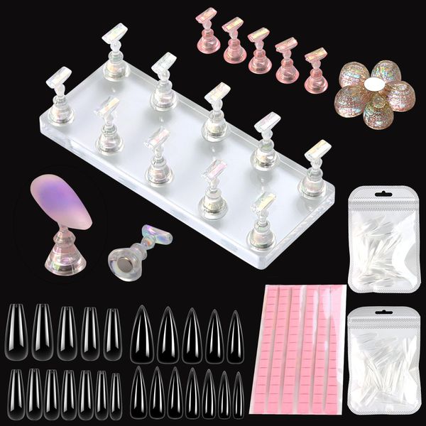 FSpronail Nail Stand for Press Ons Nail Display with 96 Pcs Reusable Sticky Putty Practice Art Magnetic Fake Nail Holder 96pcs Stiletto Square Full Cover Nail Tips for Home DIY Beginner Salon kit