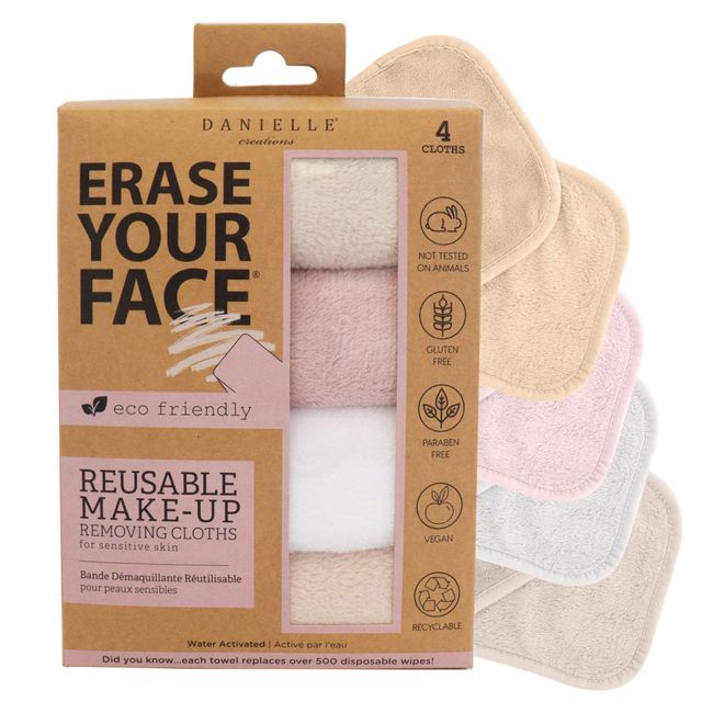 ERASE YOUR FACE Face Reusable Makeup Removing Cloths With Friendly Packaging By Danielle Enterprises 4 pack D50007, ECO, 1 Count