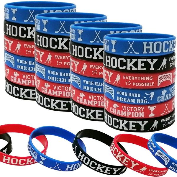 Oringaga 24PCS Hockey Party Motivational Rubber Bracelets, Sports/Hockey Baby Shower Birthday Party Supplies Decorations Gifts Prize Goodie Bag Favors Silicone Wristbands