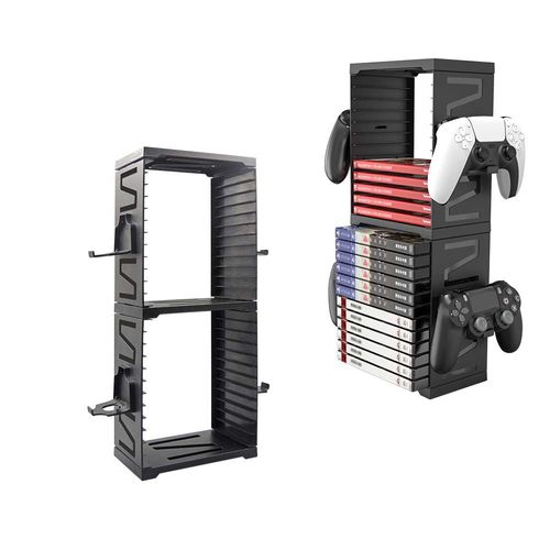 Feiuan Game Storage Tower for PS5 PS4, Double-Layer Multifunctional Organizer 24 Game Disc Boxes,4 Game Controller Holder for PS4 Slim Pro, X-Box One Slim/X-Box Series X, NS Switch