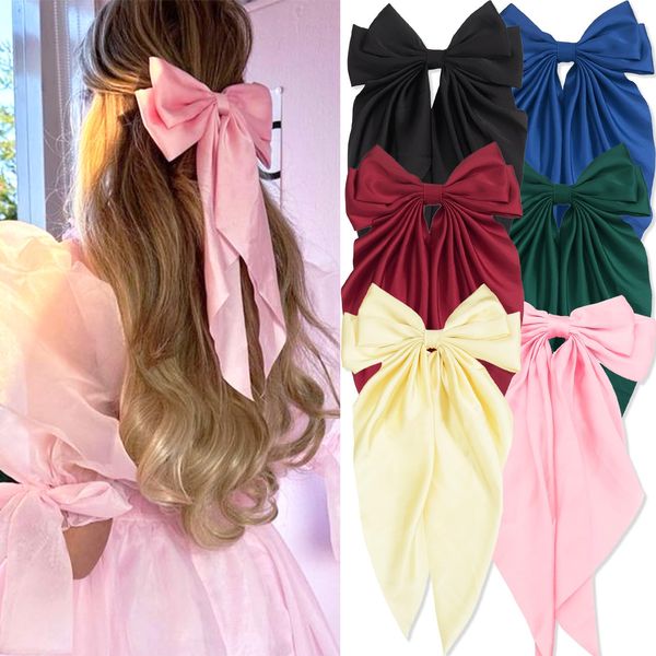 FULZTEY Bow Hair Cips for Women Black Bow-knot Hair Barrettes Soft Stain Bow Clips Metal Clamp Hair Ribbons Long Tail Bows Hair Accessories for Girls Women 6 PCS