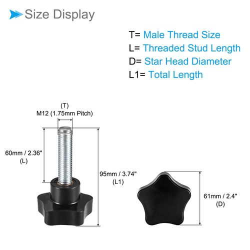 CoCud Star Clamping Knobs, M12 x 60mm Male Thread 61mm Head, Plastic Thumb Screw Grip Hand Knobs Threaded Bolt Black - (Applications: for Lathe Machinery), 1-Piece