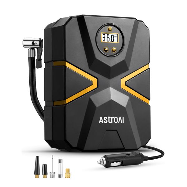 AstroAI Tyre Inflator Air Compressor 12V DC, Digital Car Tyre Pump 150 PSI, Preset Tyre Pressure & Auto Shutoff, Electric Air Pump for Car Tyres, Bicycles, Other Inflatables (Yellow)